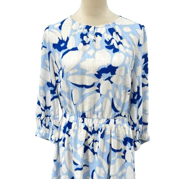 LOFT Blue & White Floral Print Linen Blend Elastic Waist Summer Blouson Dress - Picture 7 of 13